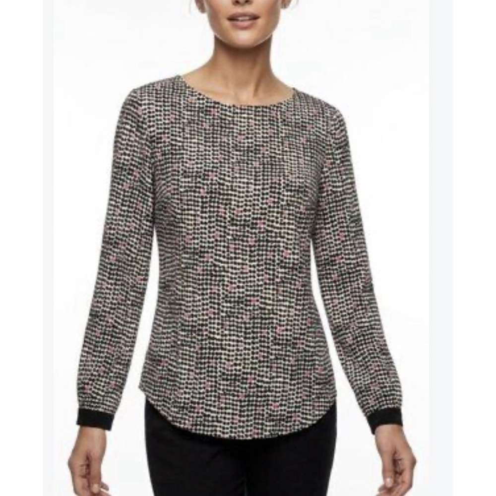 Ann Taylor Women's Long Sleeve Black Pink Geometric Pullover Blouse Size SP